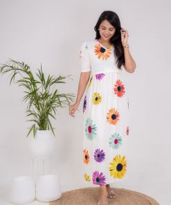 Maxi White Sunflower Ribbed Dress ( samaya exclusive premium fabric )( Minor embroidery,stain variation )