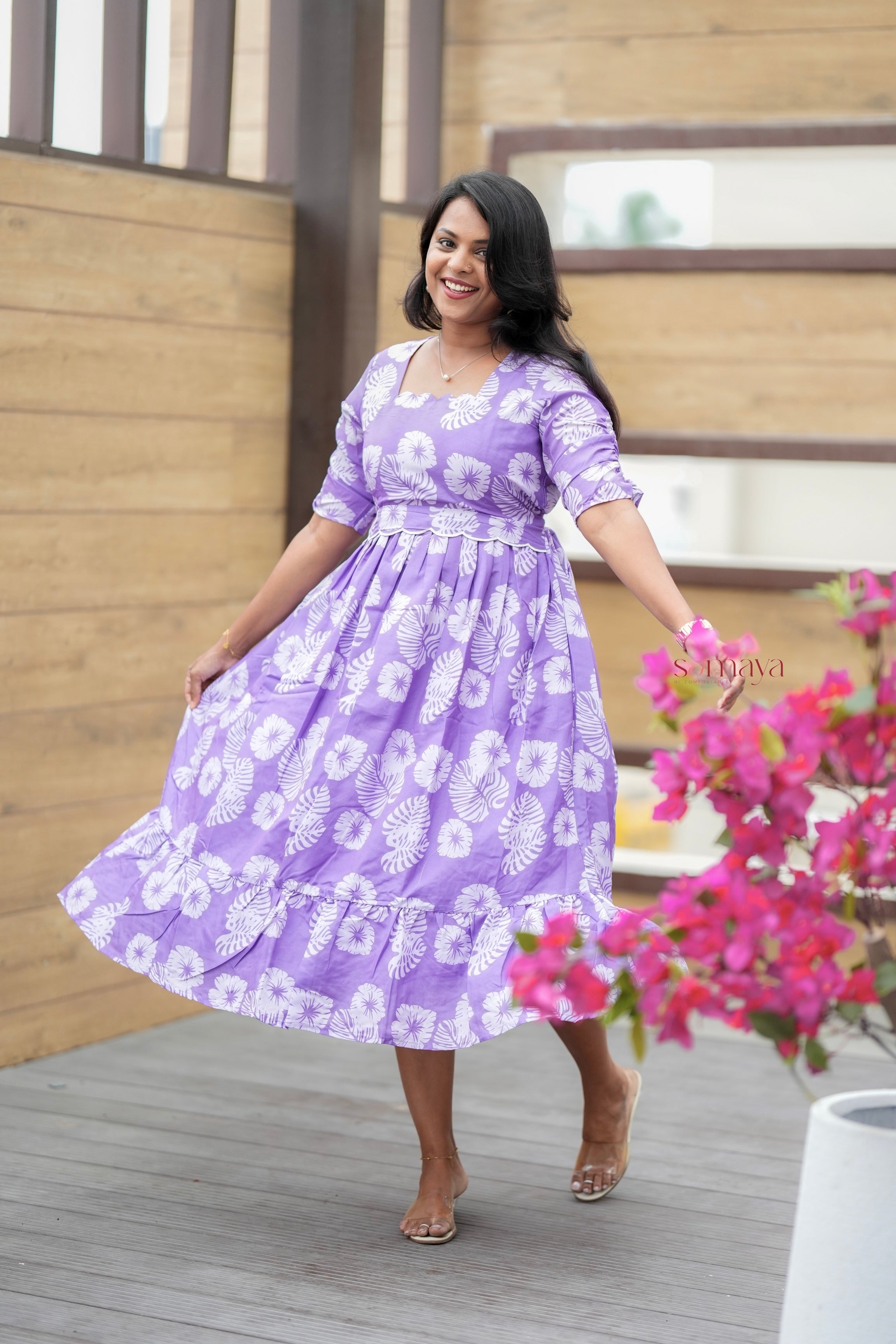 Lilac Casual Dress With Lining( Wrinkle-Free Cotton Blend Dress) - Image 4