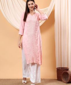 Alina Chikankari Modal Straight Kurta (Pastel Peach)