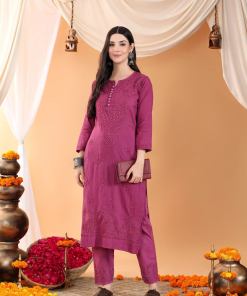 Ananya Chikankari Kurta Pant Cotton Co-ord Set (Wine)