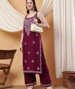 Raha Chikankari Strappy Rayon Co-ord Set (Wine)