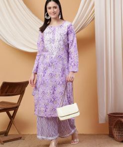Anika Chikankari Mulmul Co-ord Set (Lavender)