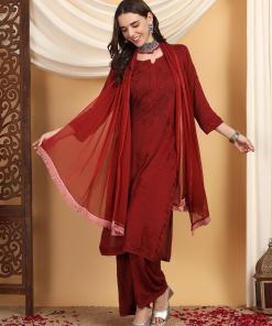 Farha Chikankari Premium Modal Co-ord Set (Maroon)