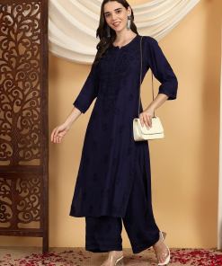 Faiza Chikankari Rayon Co-ord Set (Navy)