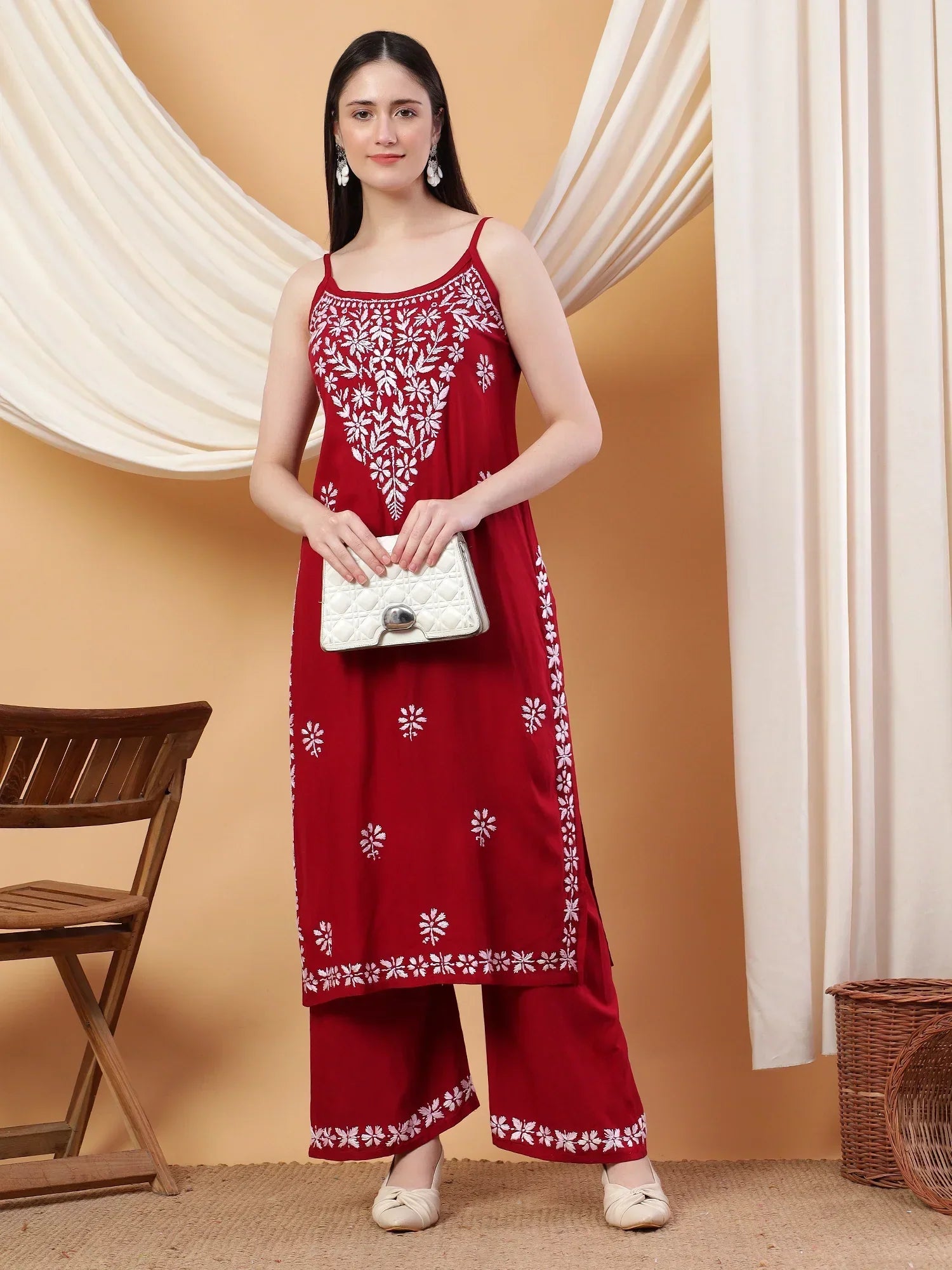 Raha Chikankari Strappy Rayon Co-ord Set (Maroon)