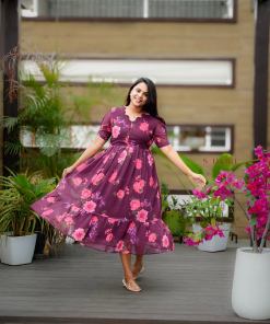 Maroon georgette casual Dress With Lining ( No-Iron Everyday Dress)