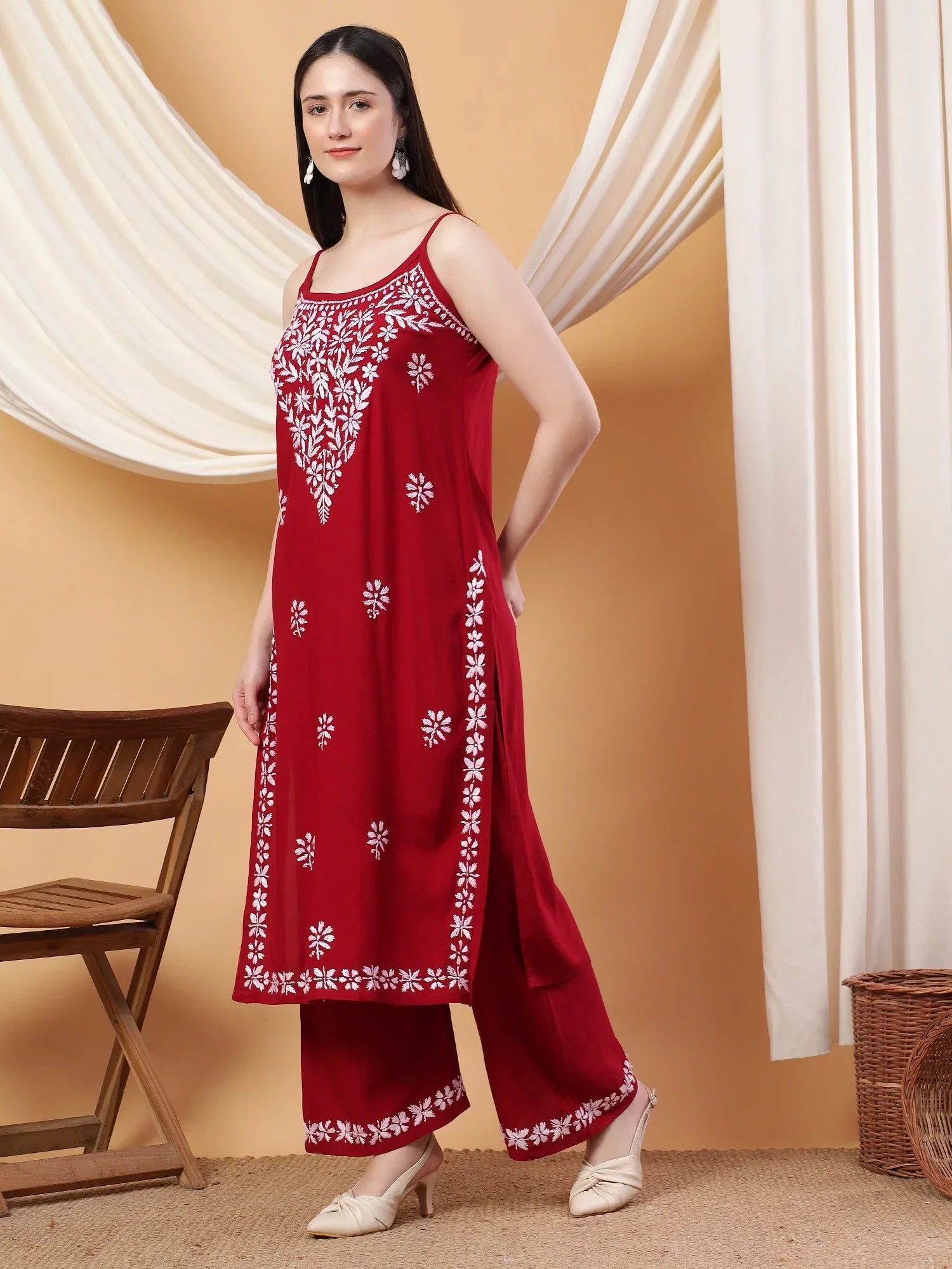 Raha Chikankari Strappy Rayon Co-ord Set (Maroon) - Image 4
