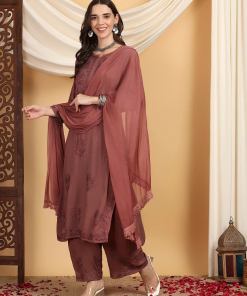 Farha Chikankari Premium Modal Co-ord Set (Brown)