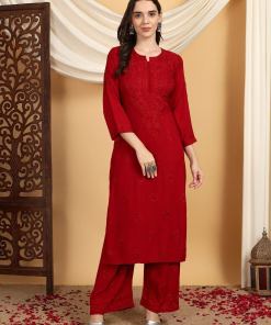 Faiza Chikankari Rayon Co-ord Set (Maroon)