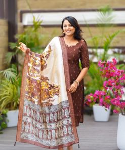 Chocolate - 3 piece salwar suit set with printed kalamkari dupatta