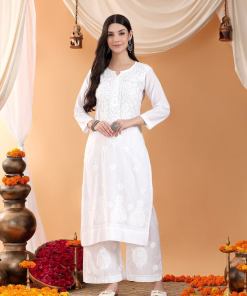 Priya Chikankari Kurta Palazzo Cotton Co-ord Set (White)