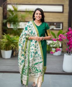Mangalgiri Green Narayanapet silk top with kalamkari hand painted duppatta set of 2 ( ready to dispatch)