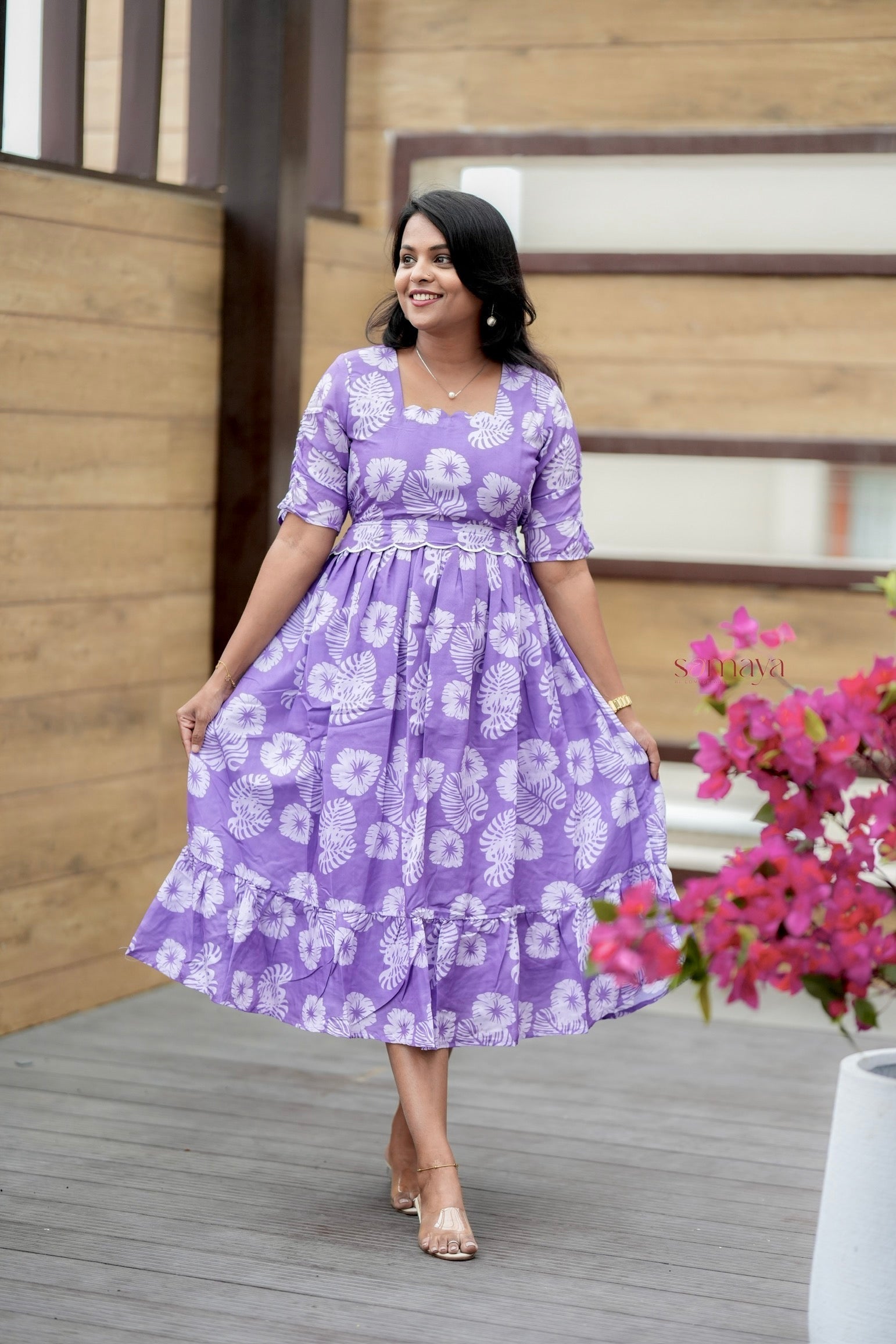 Lilac Casual Dress With Lining( Wrinkle-Free Cotton Blend Dress)