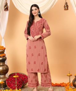 Faiza Chikankari Rayon Co-ord Set (Nude Coral)