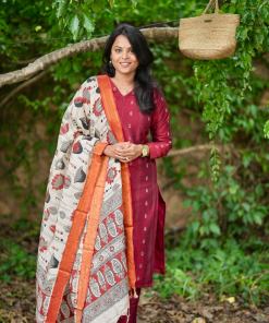 Nithya raw silk Kurta Set with hand painted kalamkari dupptta (ready to dispatch)