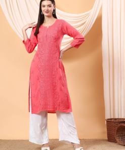 Alina Chikankari Modal Straight Kurta (Coral)