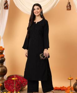 Faiza Chikankari Rayon Co-ord Set (Black)