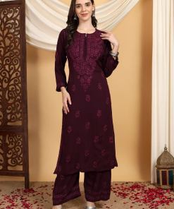 Faiza Chikankari Rayon Co-ord Set (Wine)