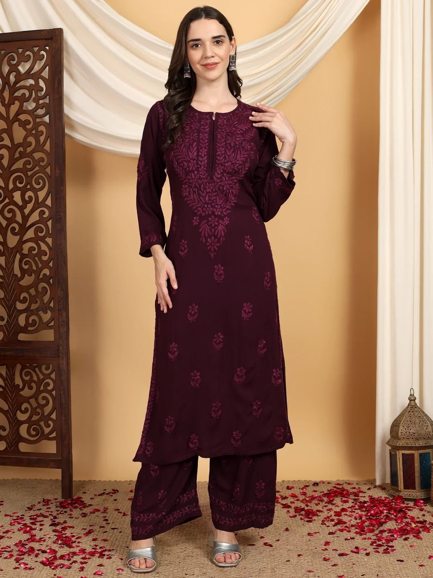 Faiza Chikankari Rayon Co-ord Set (Wine)