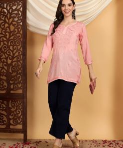 Misha Chikankari Modal Short Kurti (Pastel Peach)
