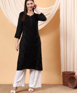 Alina Chikankari Modal Straight Kurta (Black)