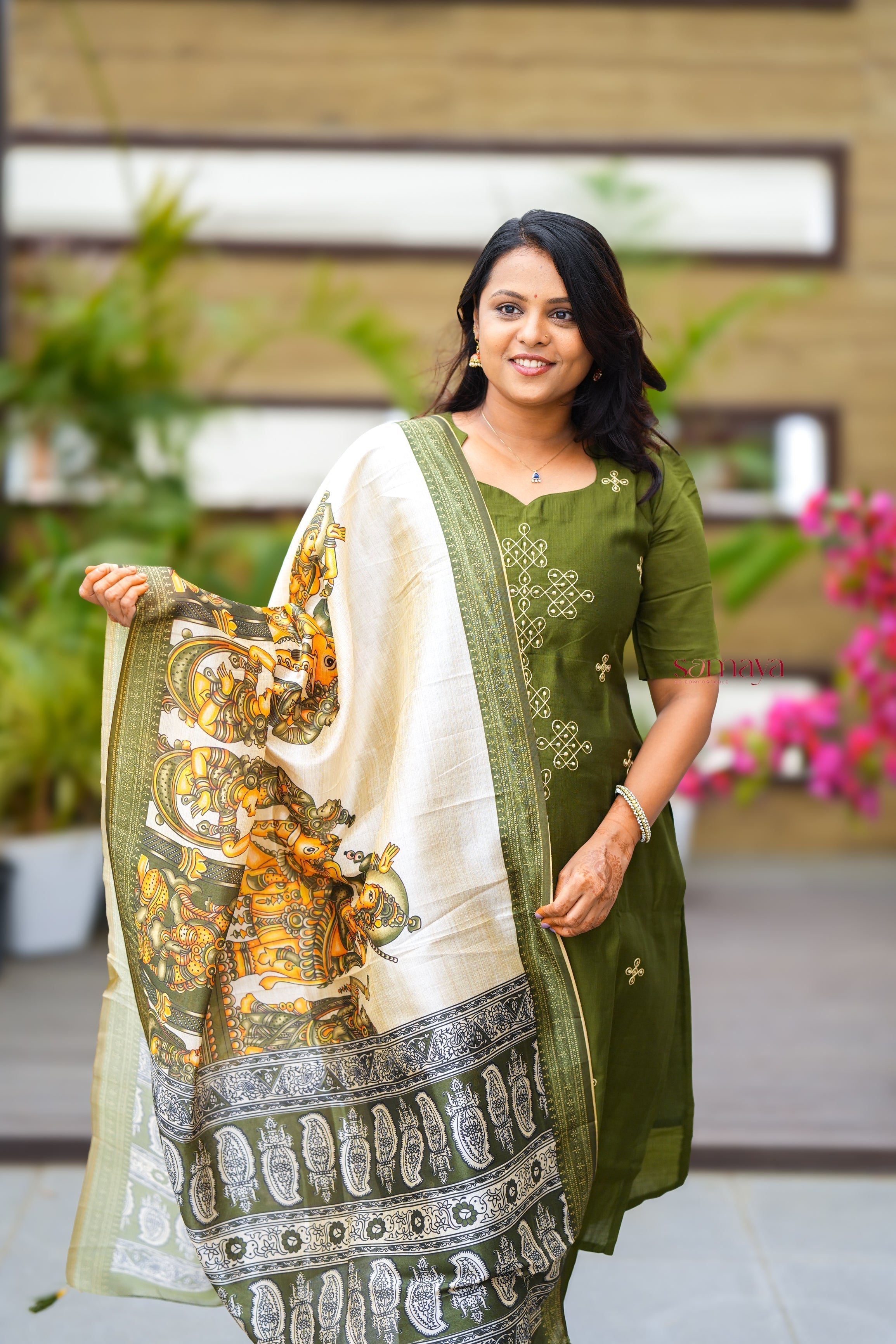 Saanvi-green kollam 3 piece salwar suit set with printed kalamkari dupptta ( pre order dispatch 20 August) - Image 5