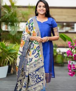 Radhae Mangalgiri Blue Narayanapet silk top with kalamkari hand painted dupptta set of 2 ( ready to dispatch)