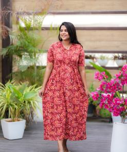 Maxi Rust Orange Light Weight Dress with attached dupptta drape