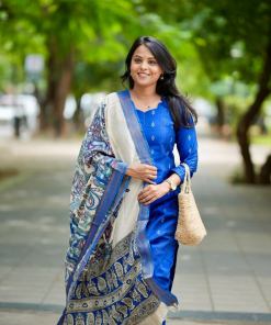Mayilirage  raw silk Kurta Set with hand painted kalamkari dupptta ( ready to dispatch )