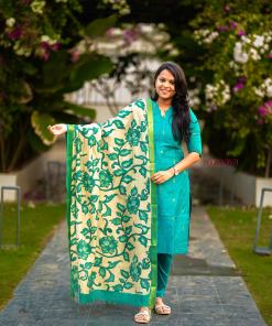Vaishnavi 3 piece raw silk suit set wth hand painted kalamkari dupptta(ready to dispatch )