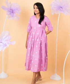 Lavender heart embroidered pure cotton casual  Dress With Lining