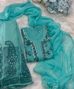 Aqua Green Lucknow Chikankari Mirror Sharara Kurti Set Elegant 4 Piece Outfit Inner Included