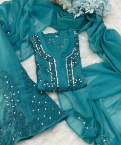 Teal Green Lucknow Chikankari Mirror Sharara Kurti Set Elegant 4 Piece Outfit Inner Included