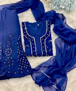 Dark Blue Lucknow Chikankari Mirror Sharara Kurti Set Elegant 4 Piece Outfit Inner Included