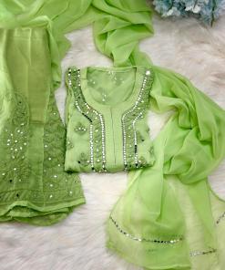Light Green Lucknow Chikankari Mirror Sharara Kurti Set Elegant 4 Piece Outfit Inner Included