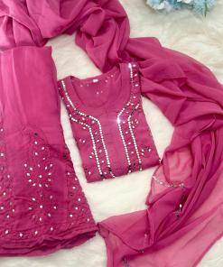Pink Lucknow Chikankari Mirror Sharara Kurti Set Elegant 4 Piece Outfit Inner Included