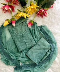 Green Lucknow Chikankari Hand Work Dobby Cotton Tone-to-Tone 3-Piece Co-ord Palazzo Set with Chiffon Dupatta