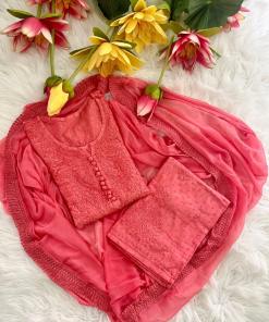 Pink Lucknow Chikankari Hand Work Dobby Cotton Tone-to-Tone 3-Piece Co-ord Palazzo Set with Chiffon Dupatta