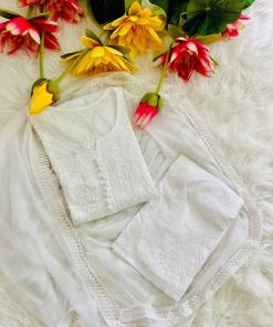 White Lucknow Chikankari Hand Work Dobby Cotton Tone-to-Tone 3-Piece Co-ord Palazzo Set with Chiffon Dupatta