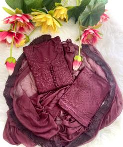 Wine Lucknow Chikankari Hand Work Dobby Cotton Tone-to-Tone 3-Piece Co-ord Palazzo Set with Chiffon Dupatta